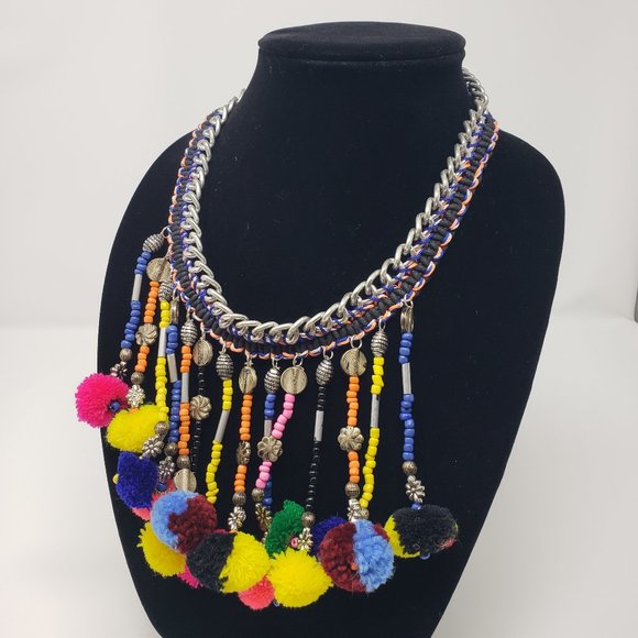 Silver Tone Multi Color Pom Pom Tassel Necklace - Picture 1 of 6